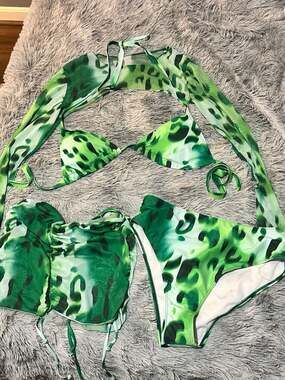 SHEIN Green Leopard Print Bikini Set with Sheer Shrug + Skirt